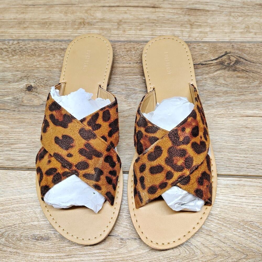 Forever 21 Leopard Slide Sandals Flat Cheetah Animal Slide Size 7 - Picture 5 of 9